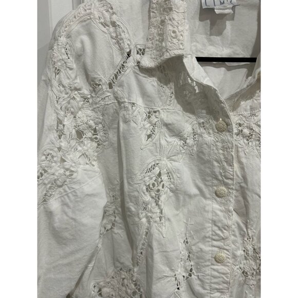 LIMS Lace Button Front Shirt White Collared 3/4 Sleeve Career Bohemian Artsy - Picture 4 of 8